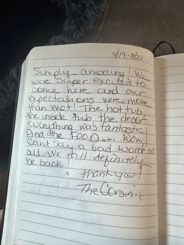 Handwritten guest journal page: 8/19-8/21 Simply amazing! We were super excited to come here and our expectations were more than met
