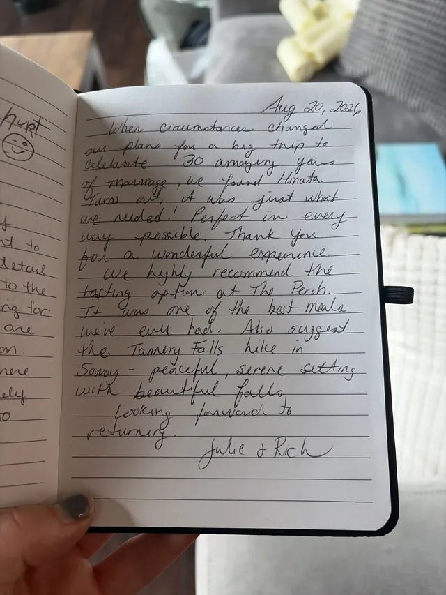 Handwritten guest journal page: Aug 20, 2026 When circumstances changed our plans for a big trip to celebrate 30 amazing years of ma