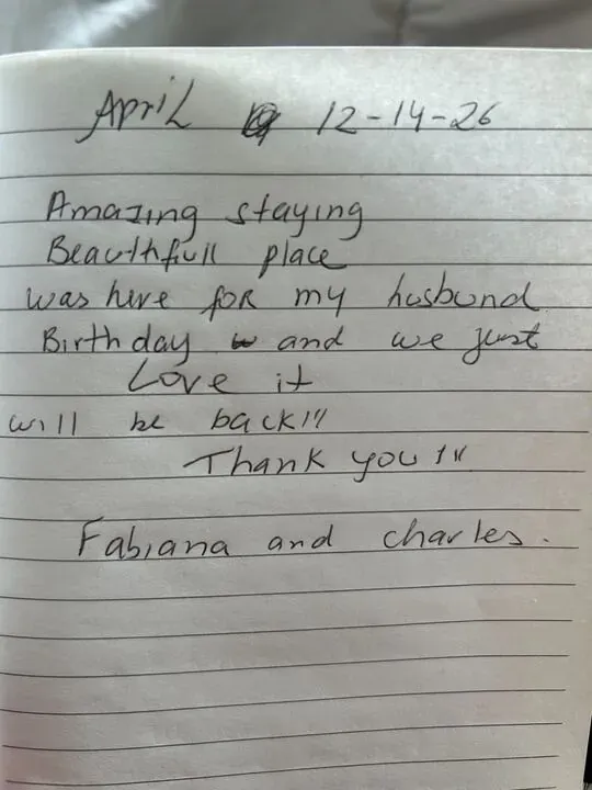 Handwritten guest journal page: April 12-14-26 Amazing staying Beautifull place was here for my husbund Birthday and we just Love it