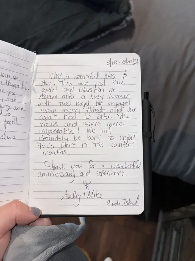 Handwritten guest journal page: 8/18-8/20/26 What a wonderful place to stay! This was just the quiet and relaxation we needed after 