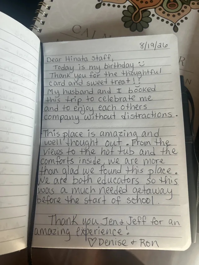 Handwritten guest journal page: 8/19/26 Dear Hinata staff, Today is my birthday :) Thank you for the thoughtful card and sweet treat