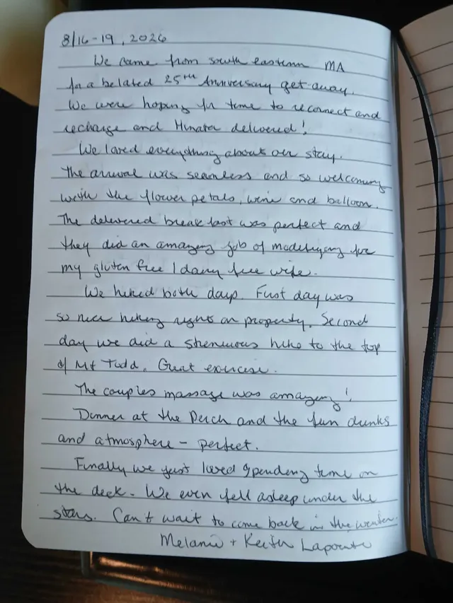 Handwritten guest journal page: 8/16-19, 2026 We came from south eastern MA for a belated 25th Anniversary get-away. We were hoping 