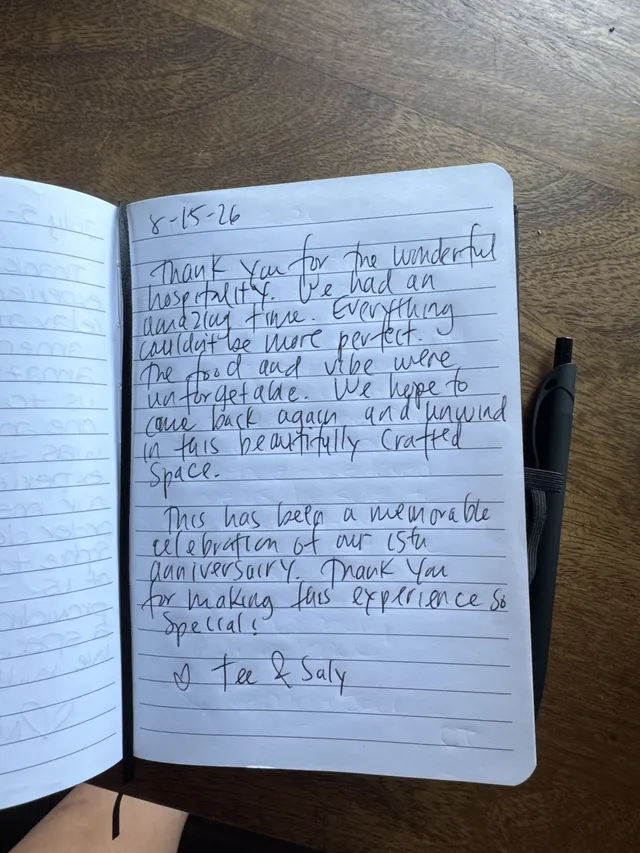 Handwritten guest journal page: 8-15-26 Thank You for the wonderful hospitality. We had an amazing time. Everything could't be more 