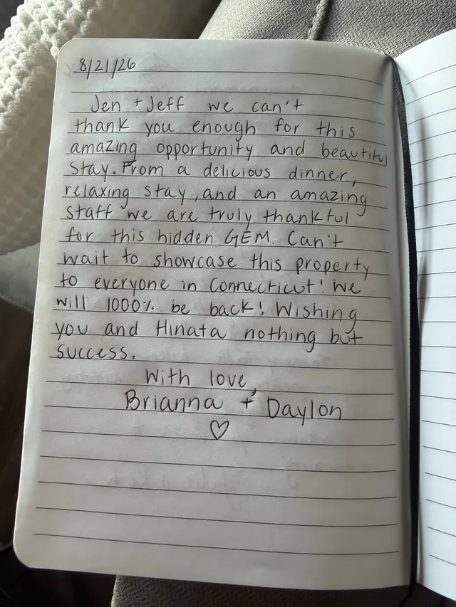 Handwritten guest journal page: 8/21/26 Jen + Jeff we can't thank you enough for this amazing opportunity and beautiful Stay. From a