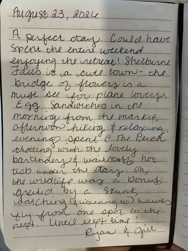Handwritten guest journal page: August 23, 2026 A perfect stay. Could have spent the entire weekend enjoying the retreat! Shelburne 