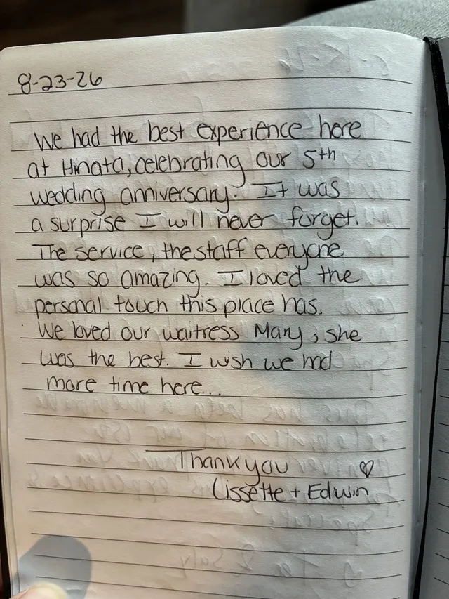 Handwritten guest journal page: 8-23-26 We had the best experience here at Hinata, celebrating our 5th wedding anniversary. It was a