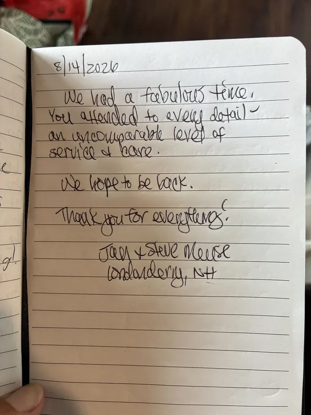Handwritten guest journal page: 8/14/2026 We had a fabulous time. You attended to every detail - an uncomparableable level of servic