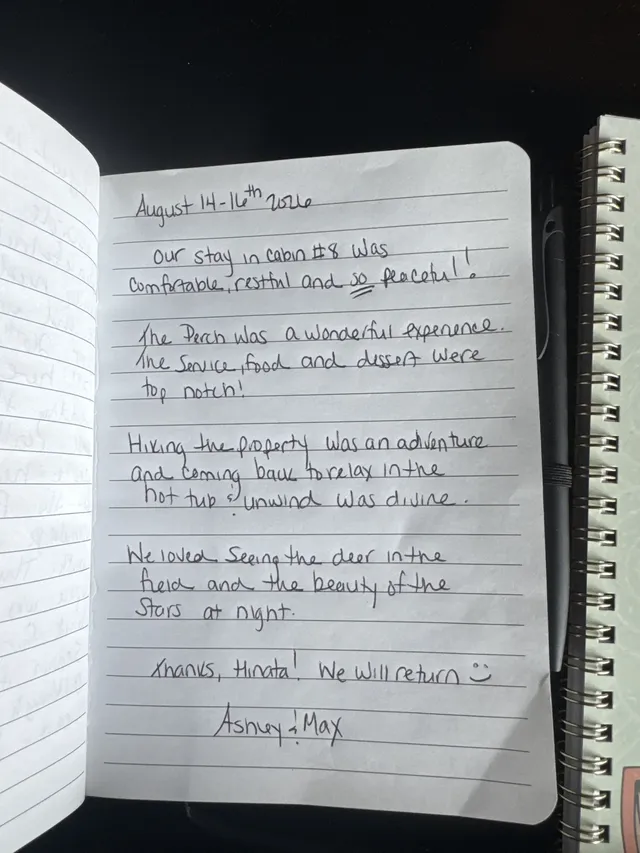 Handwritten guest journal page: August 14-16th 2026 Our stay in cabin #8 was comfortable, restful and so peaceful!! The Perch was a 