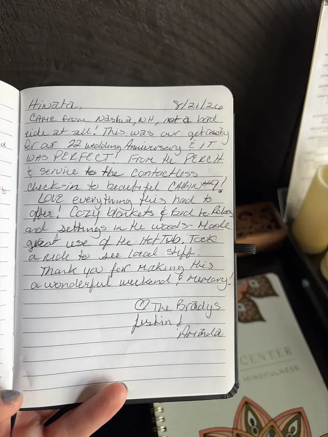 Handwritten guest journal page: Hinata, 8/21/26 Came from Nashua, NH, not a bad ride at all! This was our getaway for our 22 wedding