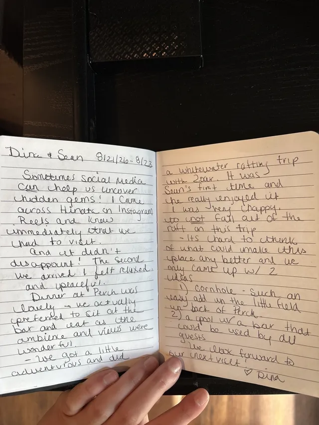 Handwritten guest journal page: Dina & Sean 8/21/26 - 8/23 Sometimes social media can help us uncover hidden gems! I came across Hin