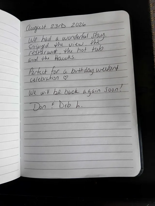 Handwritten guest journal page: August 23rd 2026 We had a wonderful stay. Enjoyed the view, the restaurant, the hot tub and the Hawk
