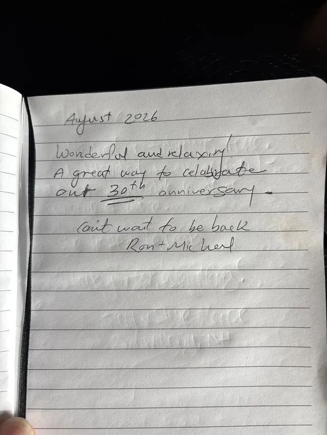 Handwritten guest journal page: August 2026 Wonderful and relaxing! A great way to celebrate our 30th anniversary - Can't wait to be