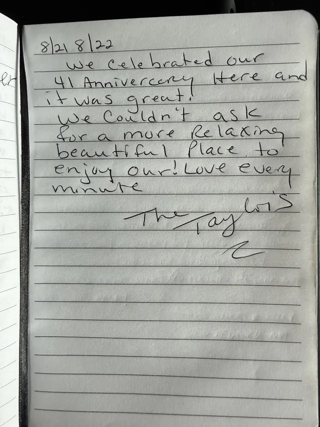 Handwritten guest journal page: 8/21 8/22 We celebrated our 41 Anniversary Here and it was great! We couldn't ask for a more Relaxin