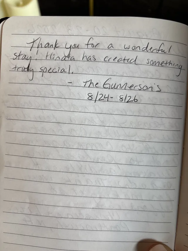 Handwritten guest journal page: Thank you for a wonderful stay! Hinata has created something truly special. - The Gunnerson's 8/24- 