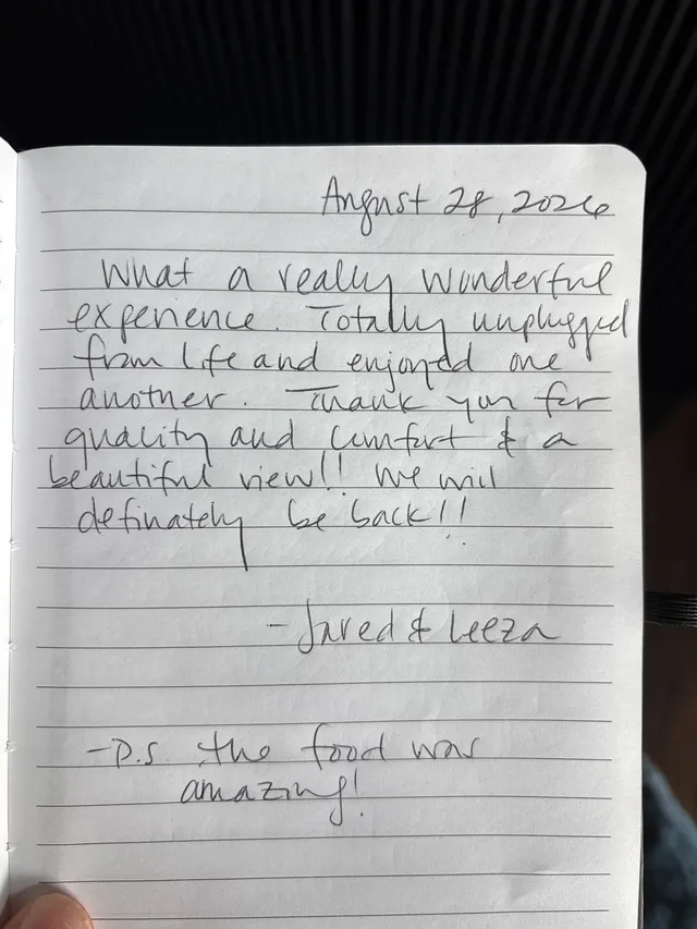 Handwritten guest journal page: August 28, 2026 What a really wonderful experience. Totally unplugged from life and enjoyed one anot