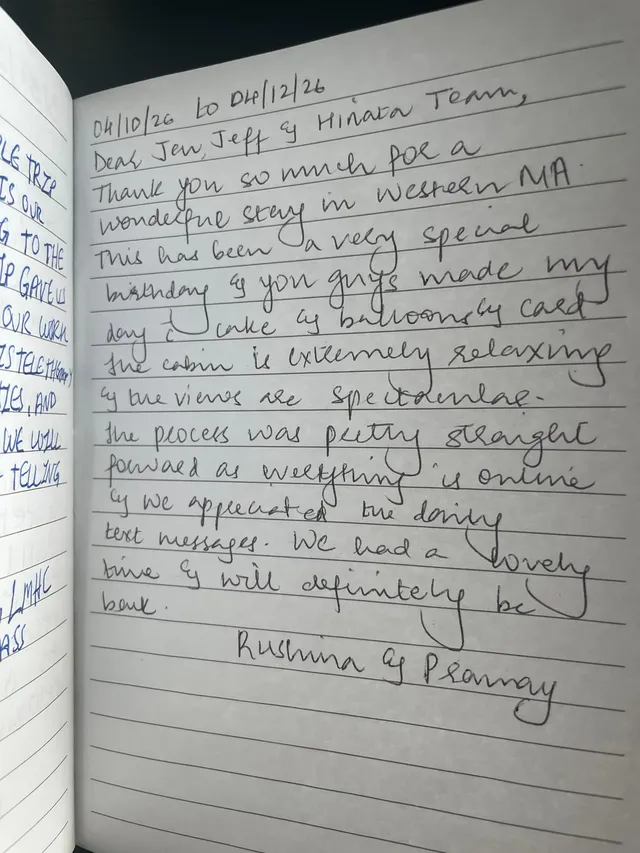 Handwritten guest journal page: 04/10/26 to 04/12/26 Dear Jen, Jeff & Hinata Team, Thank you so much for a wonderful stay in Western