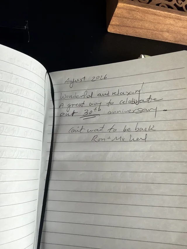 Handwritten guest journal page: August 2026 Wonderful and relaxing. A great way to celebrate our 30th anniversary. Can't wait to be 