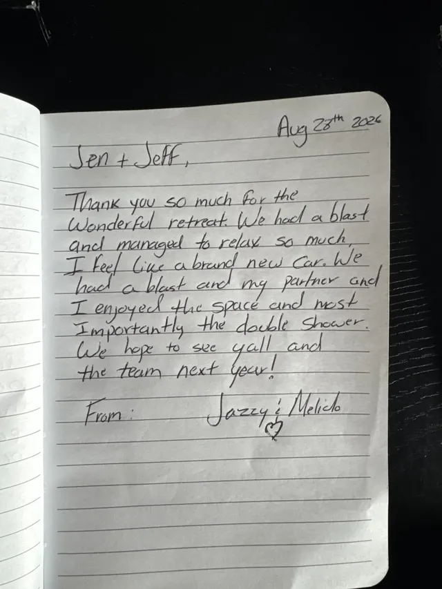 Handwritten guest journal page: Aug 28th 2026 Jen + Jeff, Thank you so much for the Wonderful retreat. We had a blast and managed to