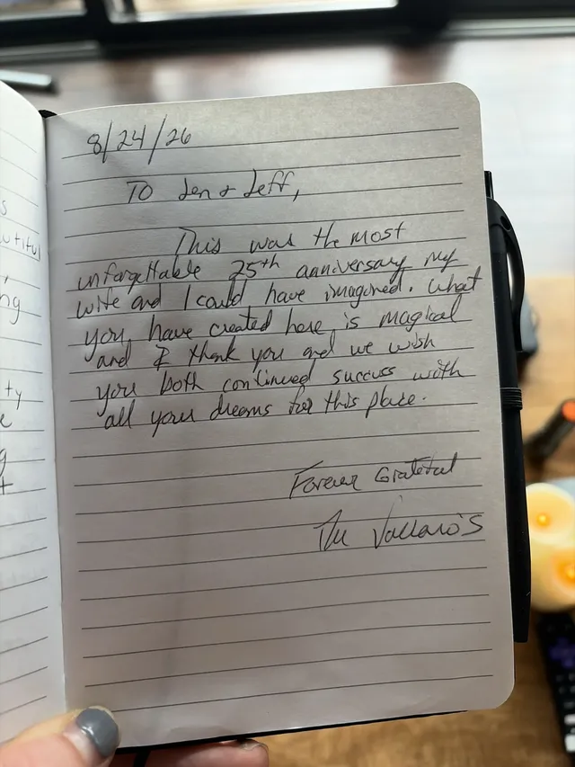 Handwritten guest journal page: 8/24/26 To Jen & Jeff, This was the most unforgettable 25th anniversary my wife and I could have ima
