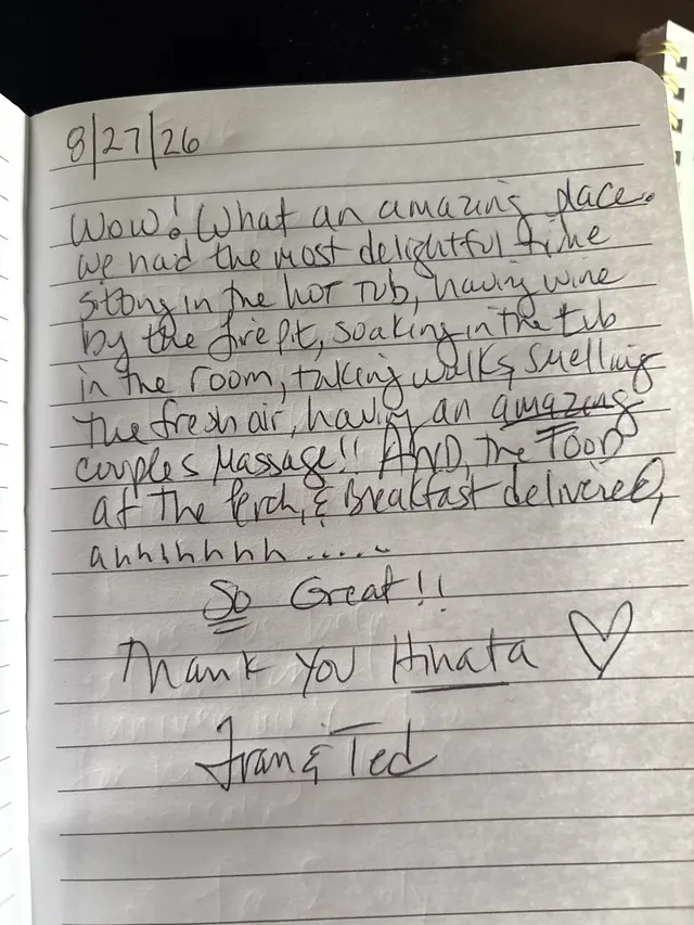 Handwritten guest journal page: 8/27/26 Wow! What an amazing place. We had the most delightful time sitting in the hot tub, having w
