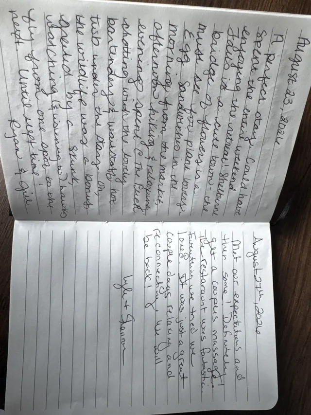 Handwritten guest journal page: August 23, 2026 A perfect stay. Spent the entire weekend enjoying the retreat! Falls is so cute town