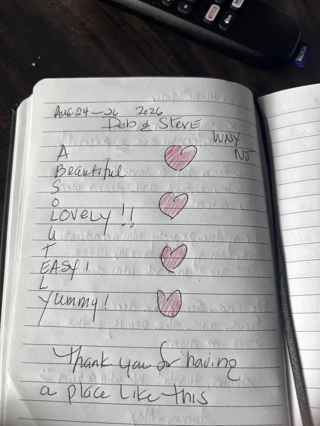Handwritten guest journal page: Aug 24-26 2026 Deb & Steve WNY NY A ♥ Beautiful ♥ S o Lovely!! ♥ u t EASY! L Yummy! ♥ Thank you for 
