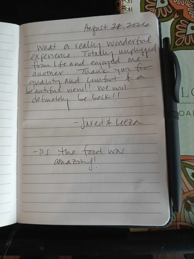 Handwritten guest journal page: August 28, 2026 What a really wonderful experience. Totally unplugged from life and enjoyed one anot