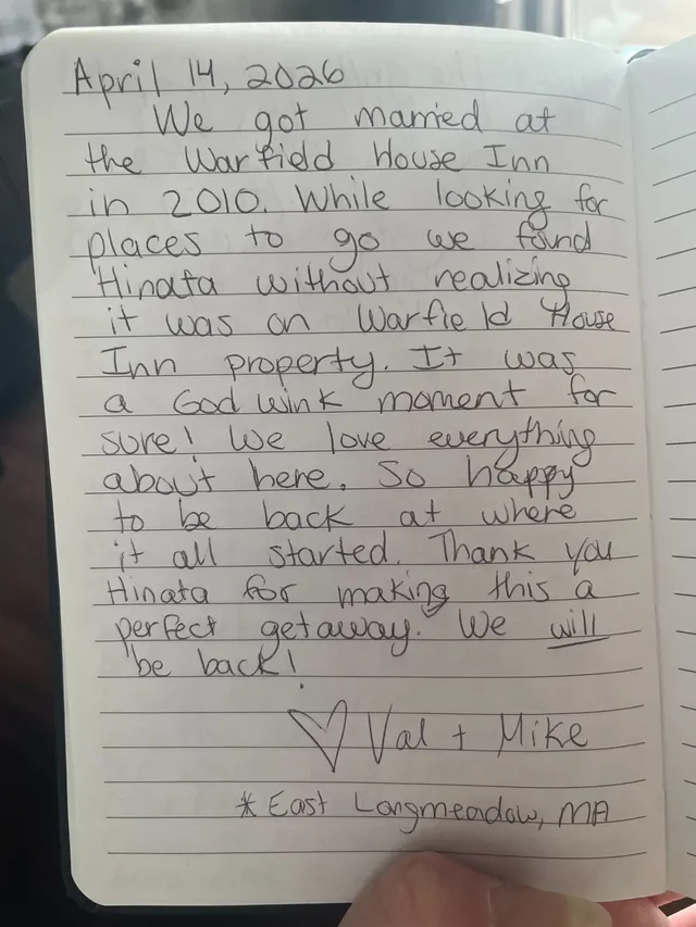 Handwritten guest journal page: April 14, 2026 We got married at the Warfield House Inn in 2010. While looking for places to go we f
