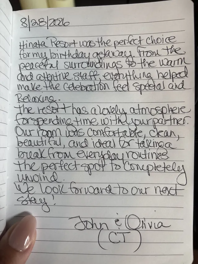 Handwritten guest journal page: 8/28/2026 Hinata Resort was the perfect choice for my birthday getaway. From the peaceful surroundin