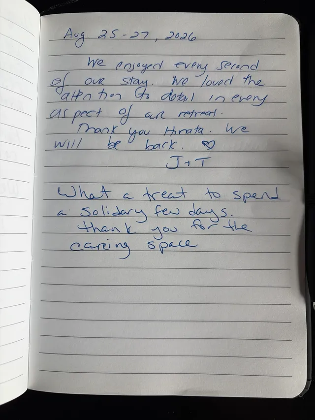 Handwritten guest journal page: Aug. 25-27, 2026 We enjoyed every second of our stay. We loved the attention to detail in every aspe