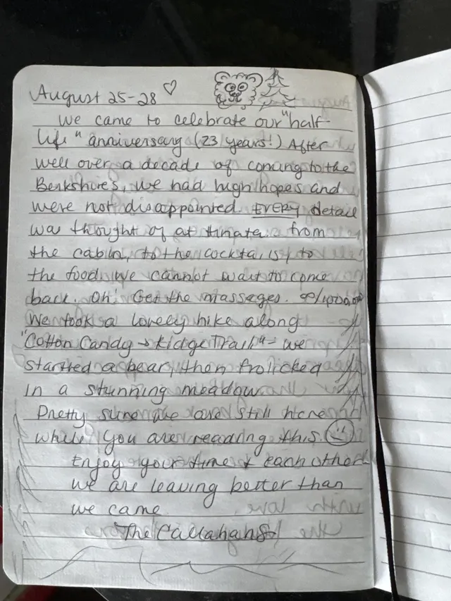 Handwritten guest journal page: August 25-28 ♡ We came to celebrate our "half- life" anniversary (23 years!) After well over a decad