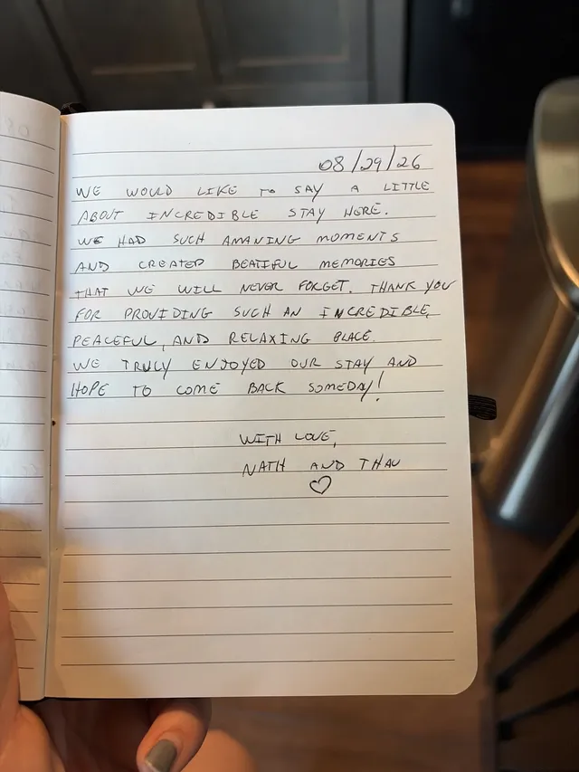 Handwritten guest journal page: 08/29/26 WE WOULD LIKE TO SAY A LITTLE ABOUT INCREDIBLE STAY HERE. WE HAD SUCH AMAZING MOMENTS AND C