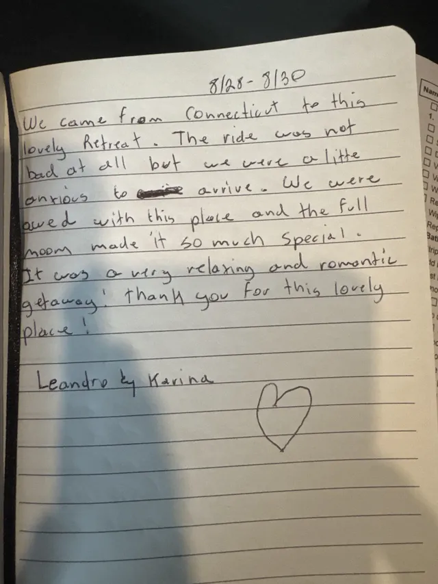Handwritten guest journal page: 8/28- 8/30 We came from Connecticut to this lovely Retreat. The ride was not bad at all but we were 
