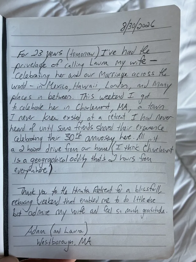 Handwritten guest journal page: 8/30/2026 For 23 years (tomorrow) I've had the privelage of calling Laura my wife - Celebrating her 