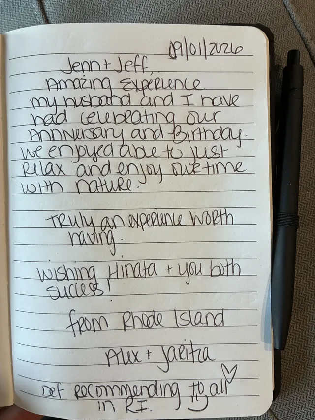 Handwritten guest journal page: 09/01/2026 Jenn + Jeff, Amazing experience my husband and I have had celebrating our anniversary and