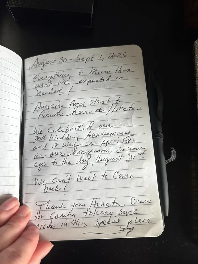 Handwritten guest journal page: August 30 - Sept 1, 2026 Everything & More than what we expected or needed! Amazing from start to fi