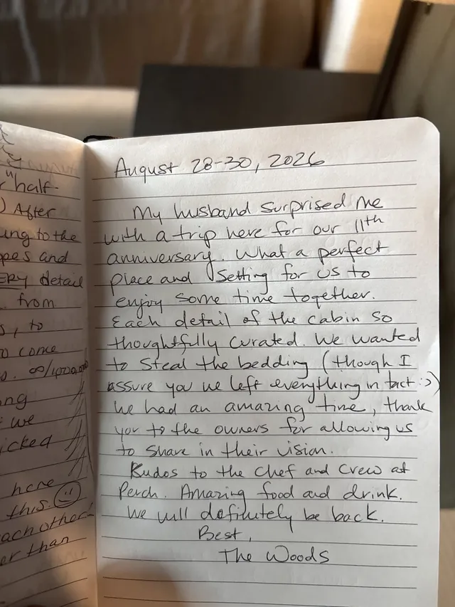 Handwritten guest journal page: August 28-30, 2026 My husband surprised me with a trip here for our 11th anniversary. What a perfect