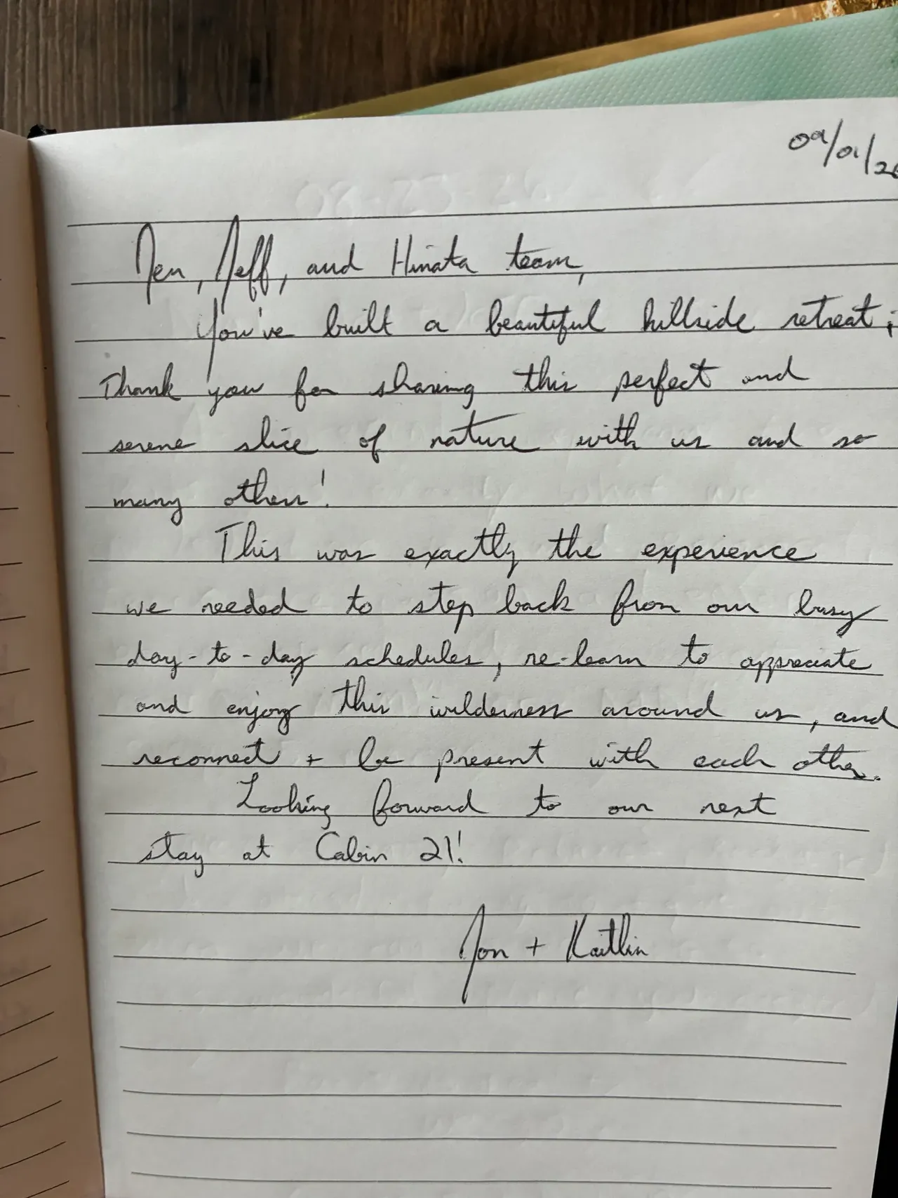 Handwritten guest journal page: 09/01/26 Jen, Jeff, and Hinata team, You've built a beautiful hillside retreat. Thank you for sharin