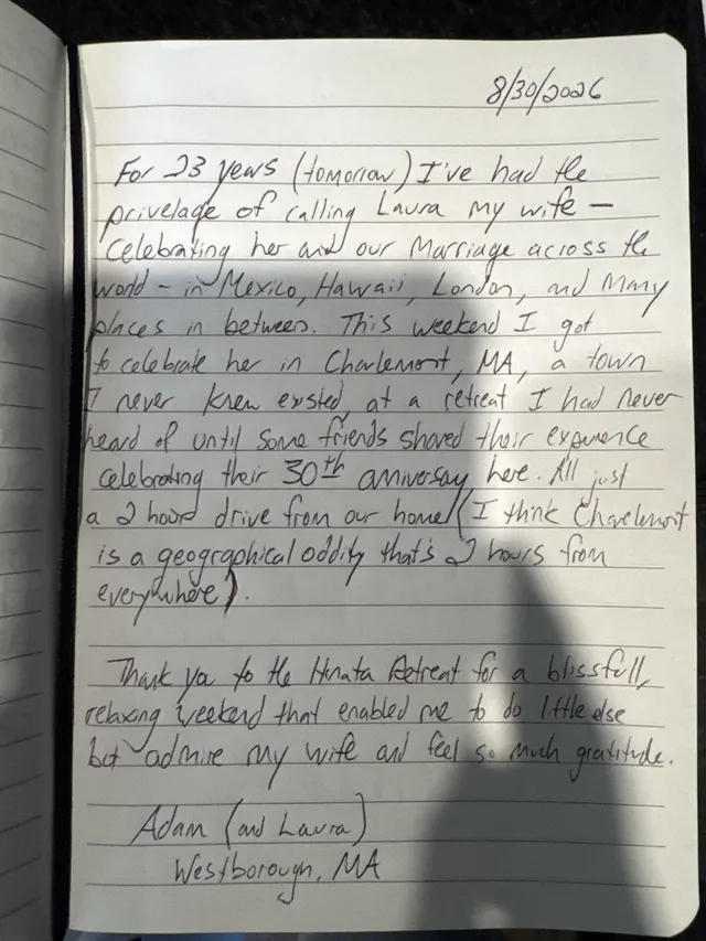 Handwritten guest journal page: 8/30/2026 For 23 years (tomorrow) I've had the privelage of calling Laura my wife - Celebrating her 