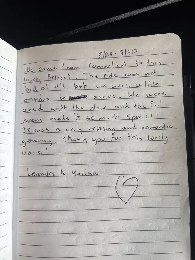 Handwritten guest journal page: 8/28- 8/30 We came from Connecticut to this lovely Retreat. The ride was not bad at all but we were 