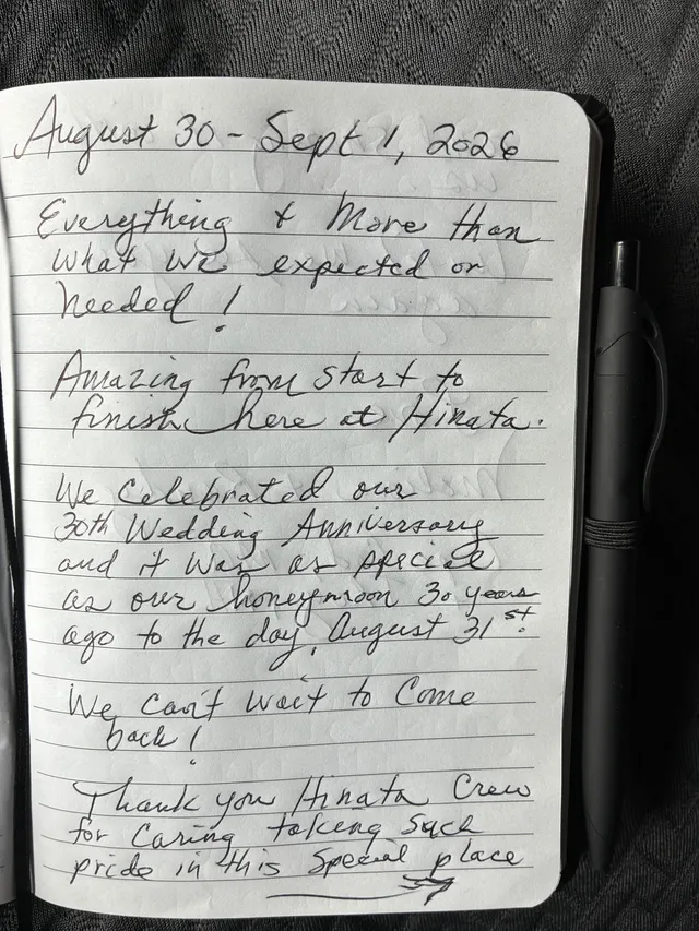 Handwritten guest journal page: August 30 - Sept 1, 2026 Everything & More than what we expected or needed! Amazing from start to fi