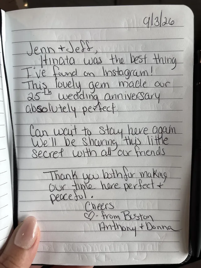 Handwritten guest journal page: 9/3/26 Jenn + Jeff, Hinata was the best thing I've found on Instagram! This lovely gem made our 25th