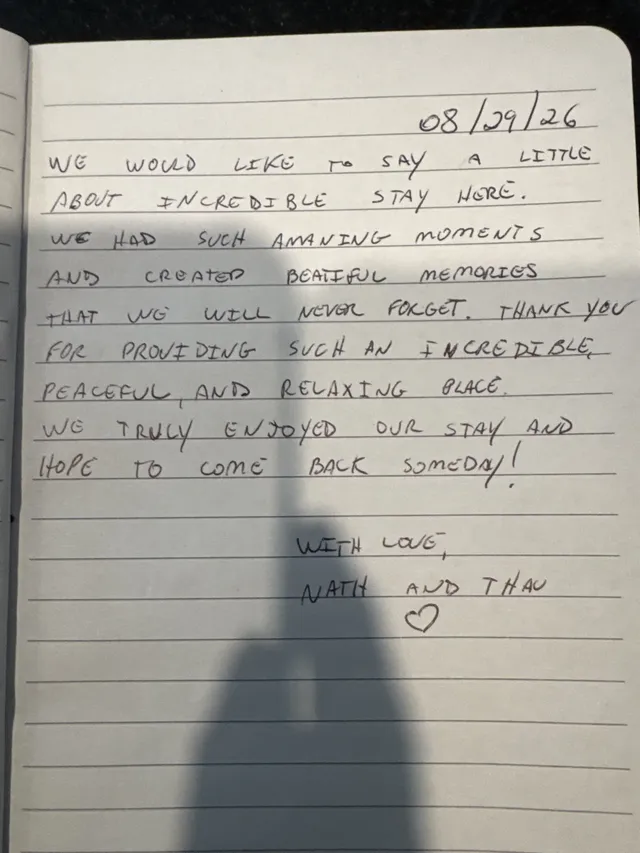 Handwritten guest journal page: 08/29/26 WE WOULD LIKE TO SAY A LITTLE ABOUT INCREDIBLE STAY HERE. WE HAD SUCH AMAZING MOMENTS AND C