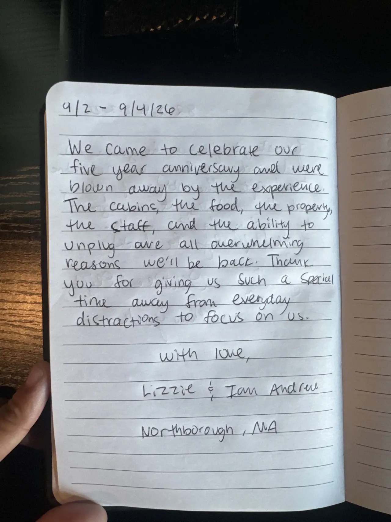 Handwritten guest journal page: 9/2 - 9/4/26 We came to celebrate our five year anniversary and were blown away by the experience. T