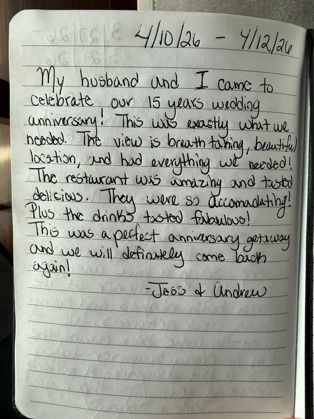 Handwritten guest journal page: 4/10/26 - 4/12/26 My husband and I came to celebrate our 15 years wedding anniversary! This was exac