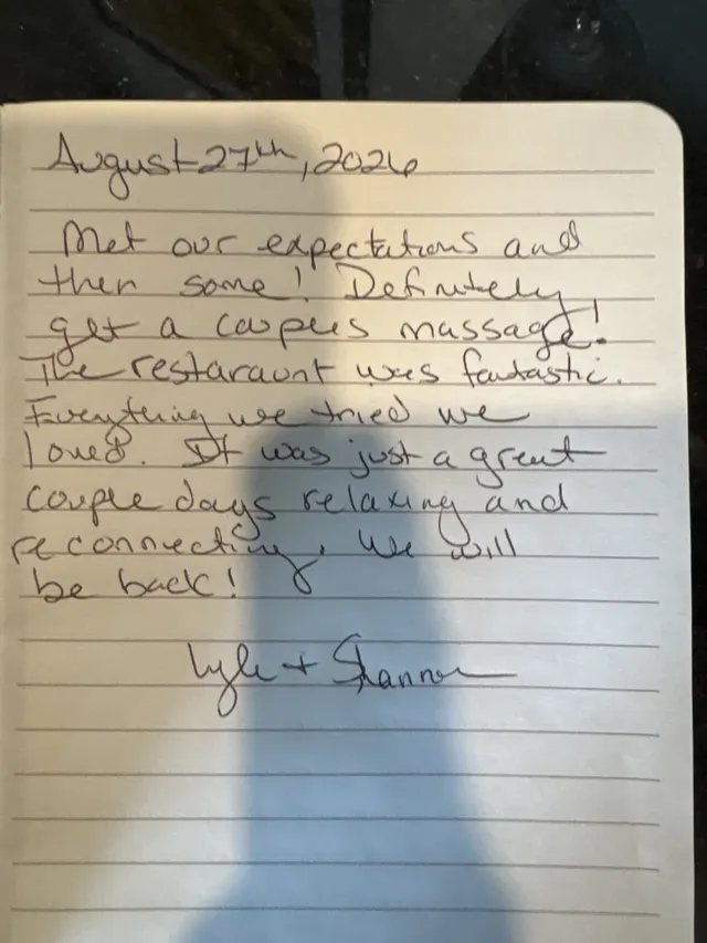 Handwritten guest journal page: August 27th, 2026 Met our expectations and then some! Definitely get a couples massage! The restarau