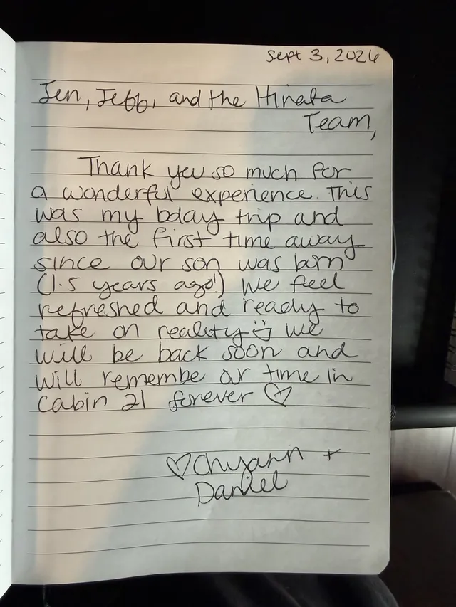 Handwritten guest journal page: Sept 3, 2026 Jen, Jeff, and the Hinata Team, Thank you so much for a wonderful experience. This was 