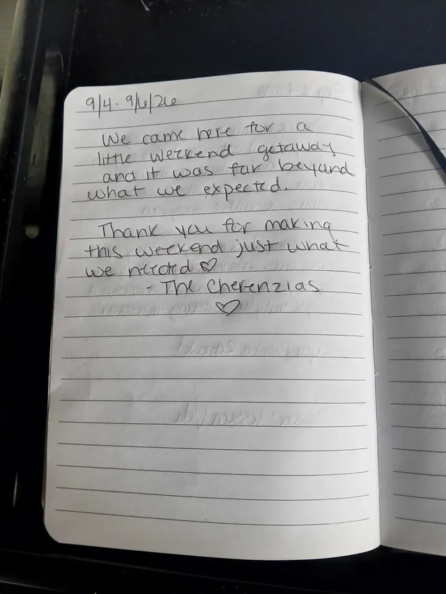 Handwritten guest journal page: 9/4 - 9/6/26 We came here for a little weekend getaway and it was far beyond what we expected. Thank