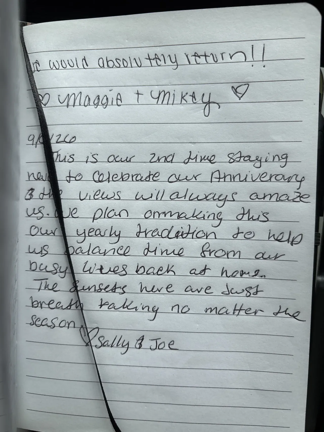 Handwritten guest journal page: 8/27/26 Wow! What an amazing place. We had the most delightful time sitting in the hot tub, having w