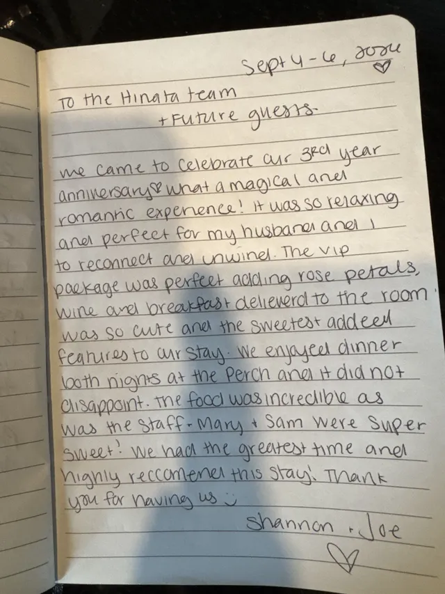 Handwritten guest journal page: Sept 4 - 6, 2026 ♡ To the Hinata team + Future guests. We came to celebrate our 3rd year anniversary